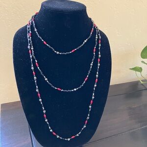 2 Vintage red, black, silvertone necklaces. Magnetic silvertone clasps. 30 & 38”